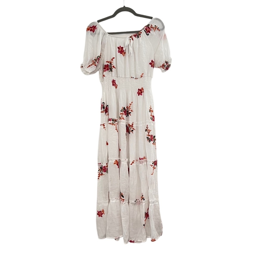 NWOT Kindred Anthropologie White Floral Cinched Maxi Dress Boho Embroidery L - Picture 2 of 10